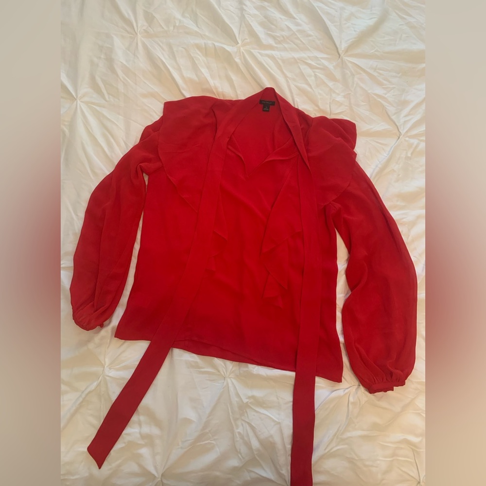 Red Ann Taylor blouse. Ribbon and button details. Size small